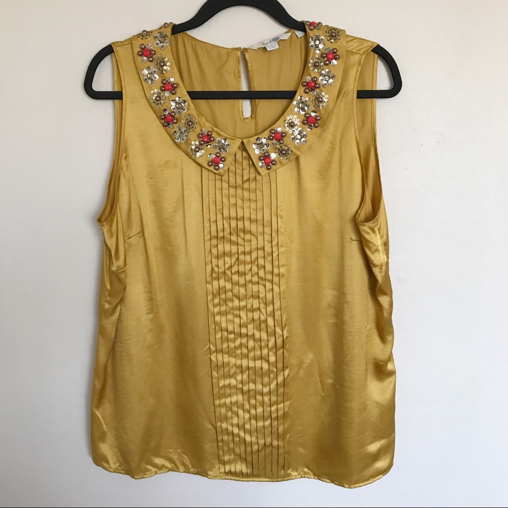 Boden Gold Satin Sleeveless Top with Embellished Collar